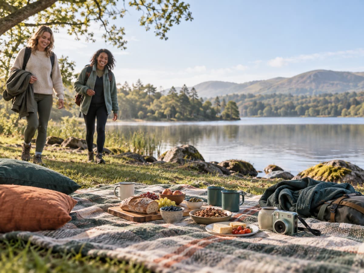 Friends sharing a picnic by a lake